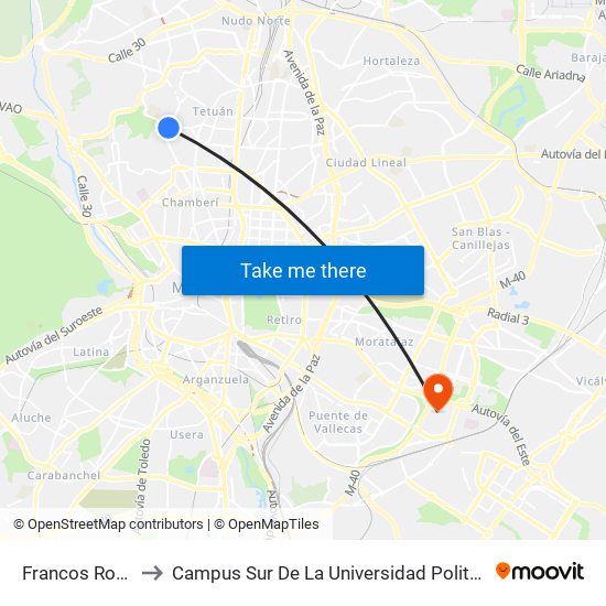 Francos Rodríguez to Campus Sur De La Universidad Politécnica De Madrid map