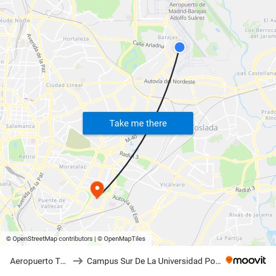 Aeropuerto T1 - T2 - T3 to Campus Sur De La Universidad Politécnica De Madrid map