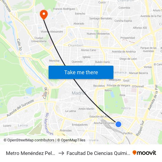 Metro Menéndez Pelayo to Facultad De Ciencias Químicas map