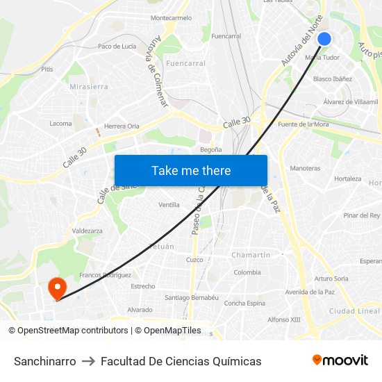 Sanchinarro to Facultad De Ciencias Químicas map