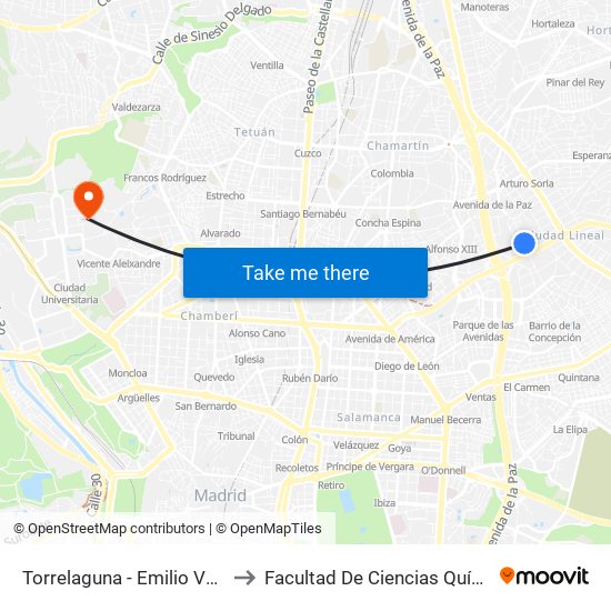 Torrelaguna - Emilio Vargas to Facultad De Ciencias Químicas map