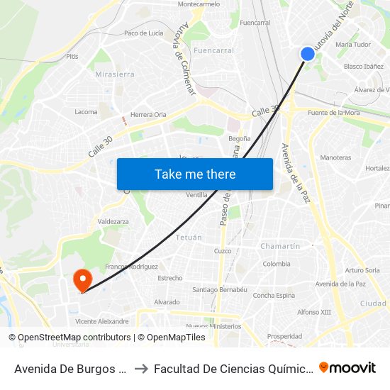 Avenida De Burgos 93 to Facultad De Ciencias Químicas map