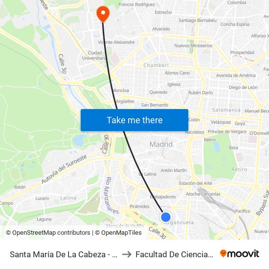 Santa María De La Cabeza - Puente Praga to Facultad De Ciencias Químicas map