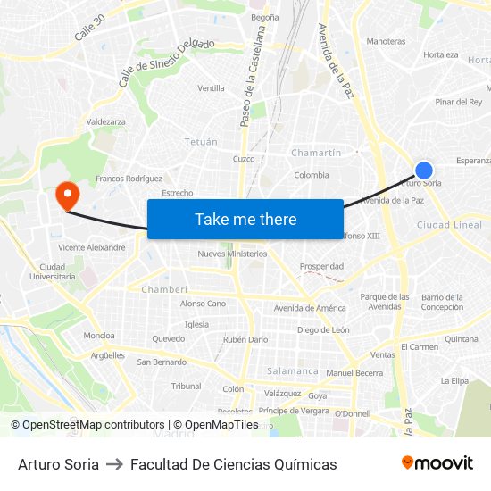 Arturo Soria to Facultad De Ciencias Químicas map