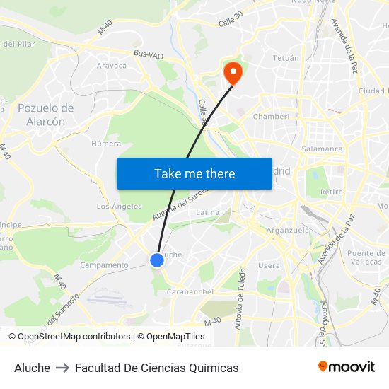 Aluche to Facultad De Ciencias Químicas map