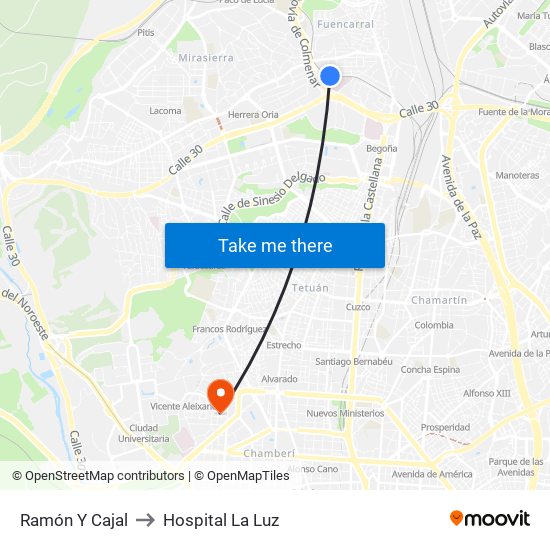 Ramón Y Cajal to Hospital La Luz map