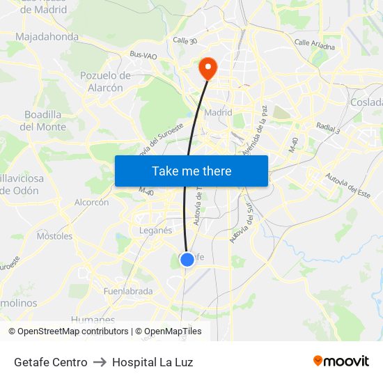 Getafe Centro to Hospital La Luz map