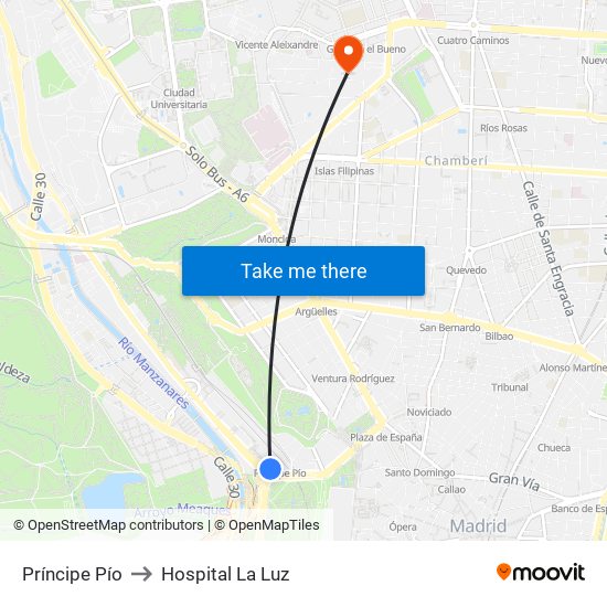 Príncipe Pío to Hospital La Luz map