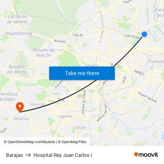 Barajas to Hospital Rey Juan Carlos I map