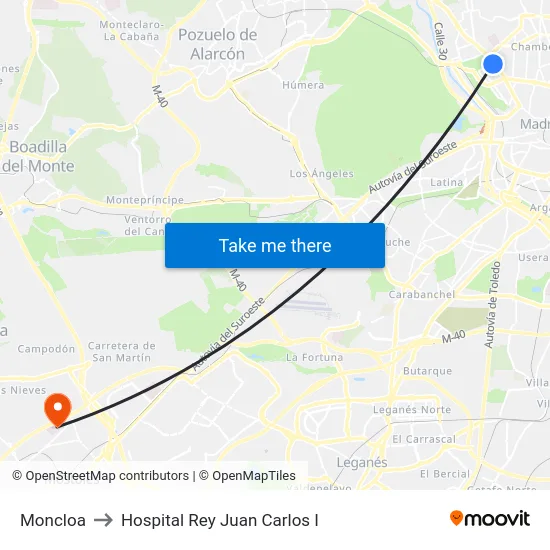 Moncloa to Hospital Rey Juan Carlos I map