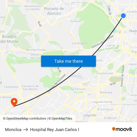 Moncloa to Hospital Rey Juan Carlos I map