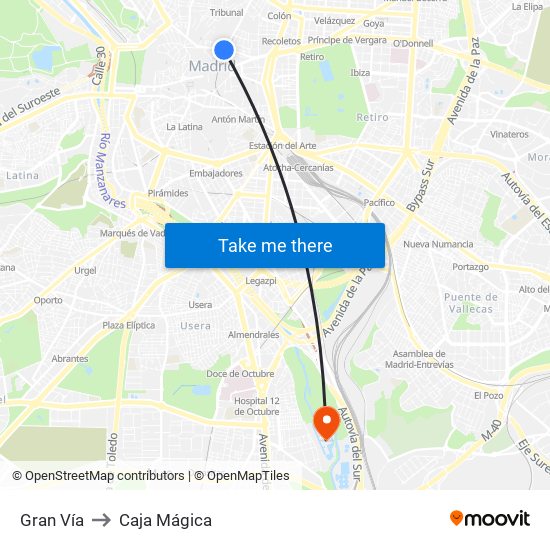 Gran Vía to Caja Mágica map