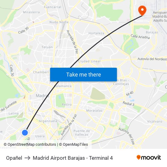 Opañel to Madrid Airport Barajas - Terminal 4 map