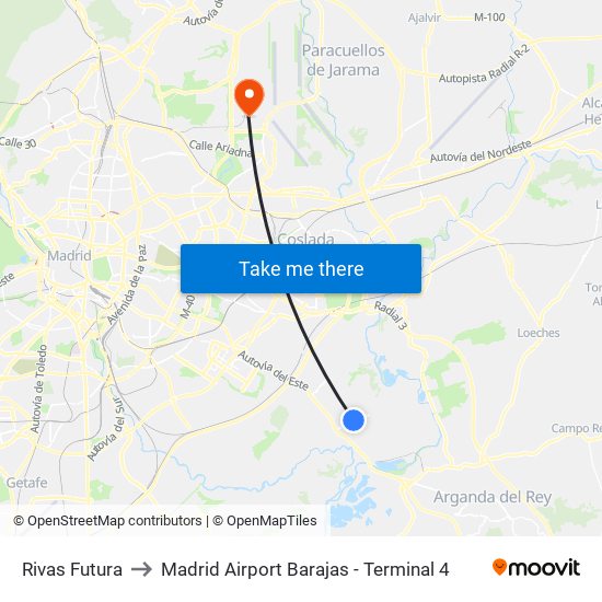 Rivas Futura to Madrid Airport Barajas - Terminal 4 map
