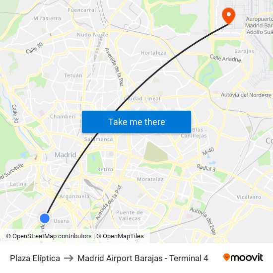 Plaza Elíptica to Madrid Airport Barajas - Terminal 4 map