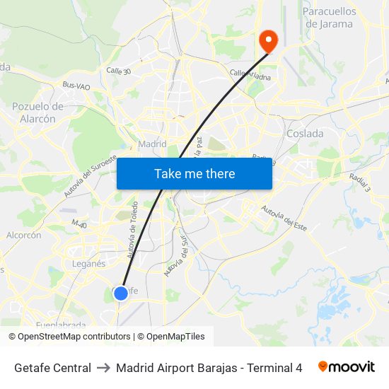 Getafe Central to Madrid Airport Barajas - Terminal 4 map