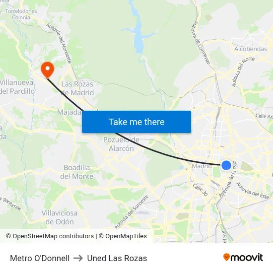 Metro O'Donnell to Uned Las Rozas map