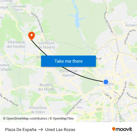 Plaza De España to Uned Las Rozas map