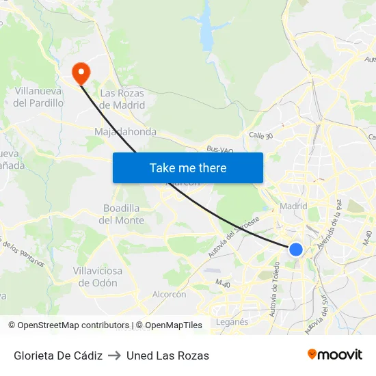Glorieta De Cádiz to Uned Las Rozas map