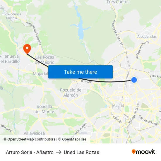 Arturo Soria - Añastro to Uned Las Rozas map