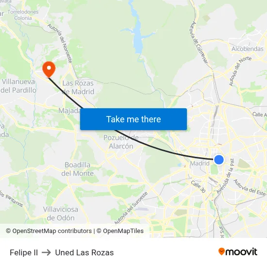 Felipe II to Uned Las Rozas map