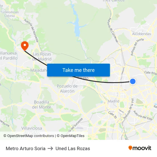 Metro Arturo Soria to Uned Las Rozas map