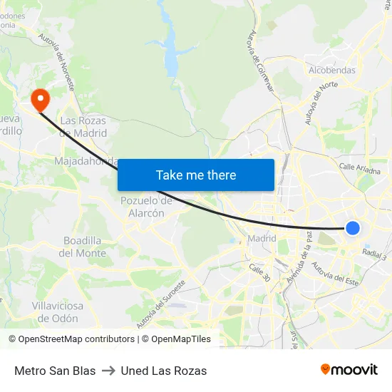 Metro San Blas to Uned Las Rozas map