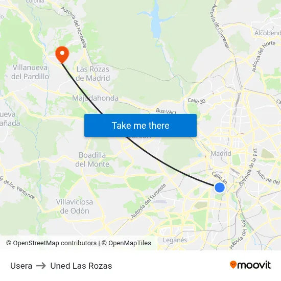 Usera to Uned Las Rozas map