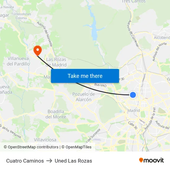 Cuatro Caminos to Uned Las Rozas map