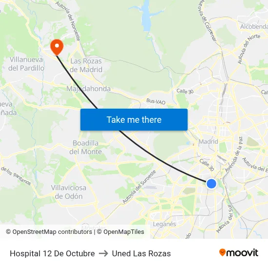 Hospital 12 De Octubre to Uned Las Rozas map