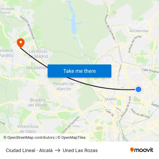 Ciudad Lineal - Alcalá to Uned Las Rozas map