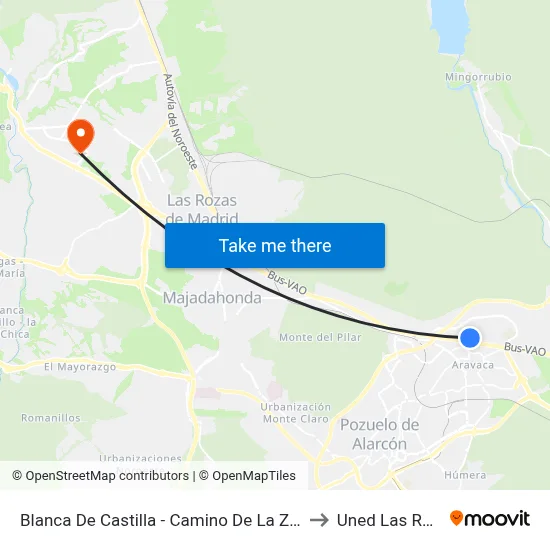 Blanca De Castilla - Camino De La Zarzuela to Uned Las Rozas map