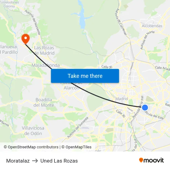 Moratalaz to Uned Las Rozas map