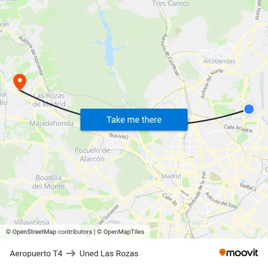 Aeropuerto T4 to Uned Las Rozas map