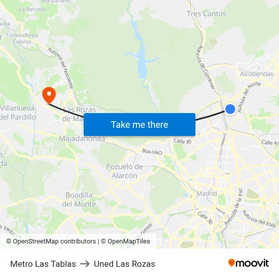 Metro Las Tablas to Uned Las Rozas map