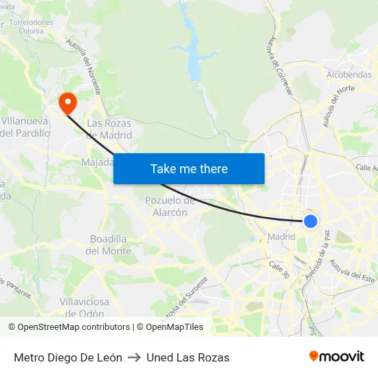 Metro Diego De León to Uned Las Rozas map