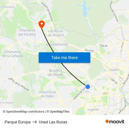 Parque Europa to Uned Las Rozas map