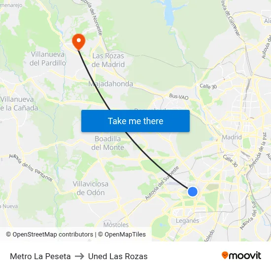 Metro La Peseta to Uned Las Rozas map