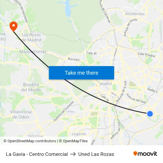 La Gavia - Centro Comercial to Uned Las Rozas map