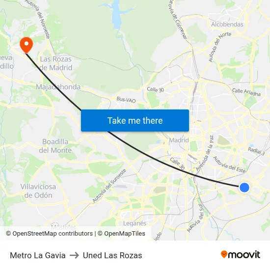 Metro La Gavia to Uned Las Rozas map