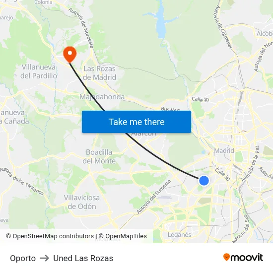 Oporto to Uned Las Rozas map