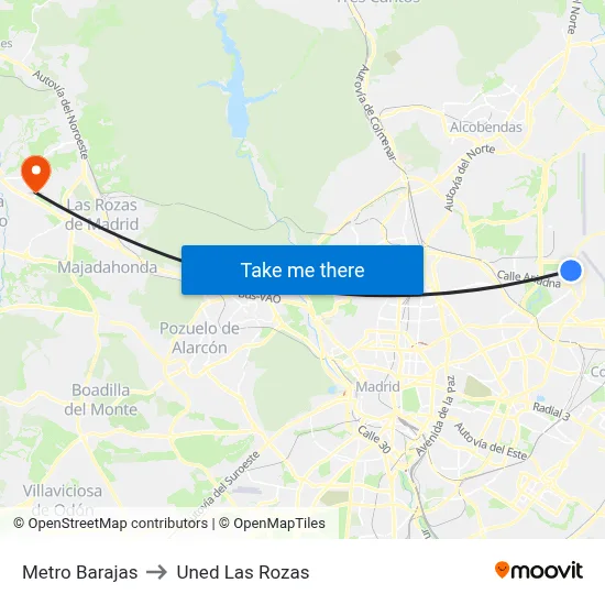 Metro Barajas to Uned Las Rozas map