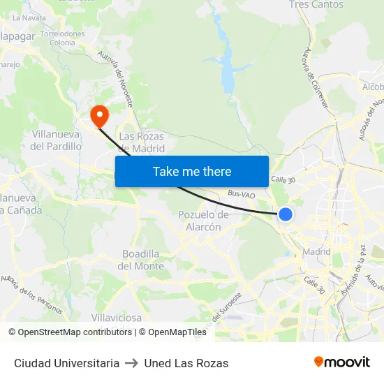 Ciudad Universitaria to Uned Las Rozas map