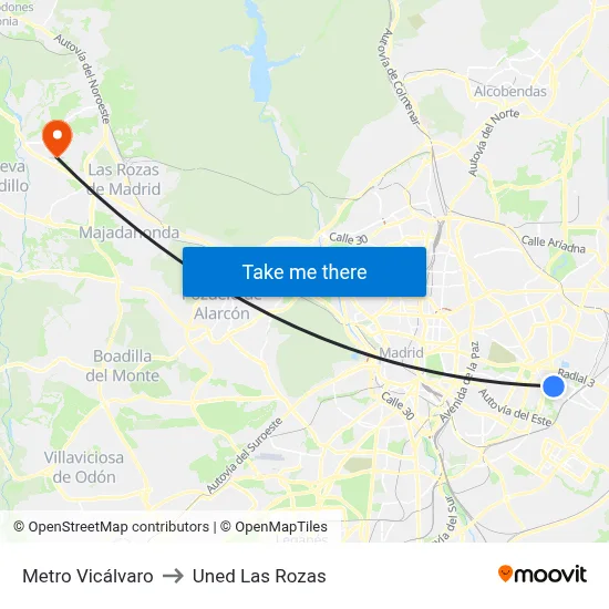Metro Vicálvaro to Uned Las Rozas map