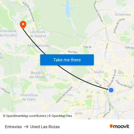 Entrevías to Uned Las Rozas map