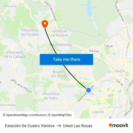 Estación De Cuatro Vientos to Uned Las Rozas map