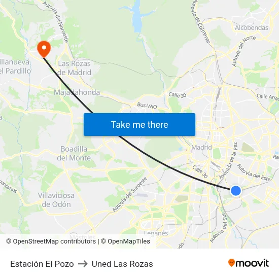 Estación El Pozo to Uned Las Rozas map