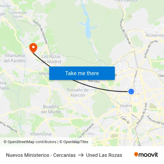Nuevos Ministerios - Cercanías to Uned Las Rozas map