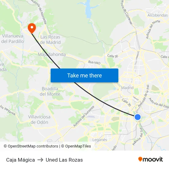 Caja Mágica to Uned Las Rozas map