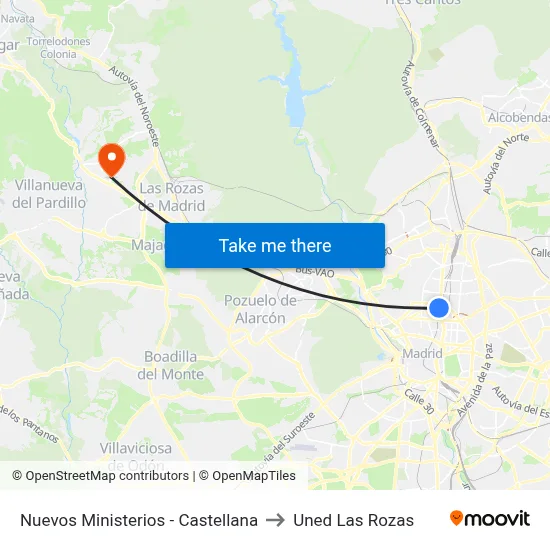 Nuevos Ministerios - Castellana to Uned Las Rozas map